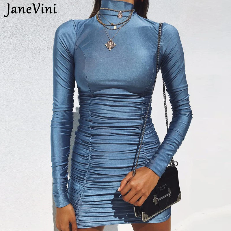 

JaneVini 2021 Autumn Satin Mini Dresses Turtleneck Long Sleeves Solid Bodycon Sexy Dress Women Fashion Party Light Blue Clothes