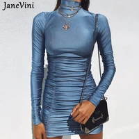 janevini 2021 autumn satin mini dresses turtleneck long sleeves solid bodycon sexy dress women fashion party light blue clothes