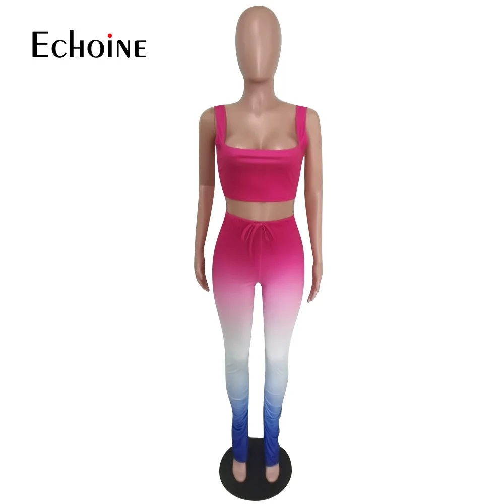 

Echoine Women Sport Gradient Two Pieces Set Tracksuit Crop Top Stacked Bell Bottom Jogger Sweatpant Suit Outfit Matching Sets