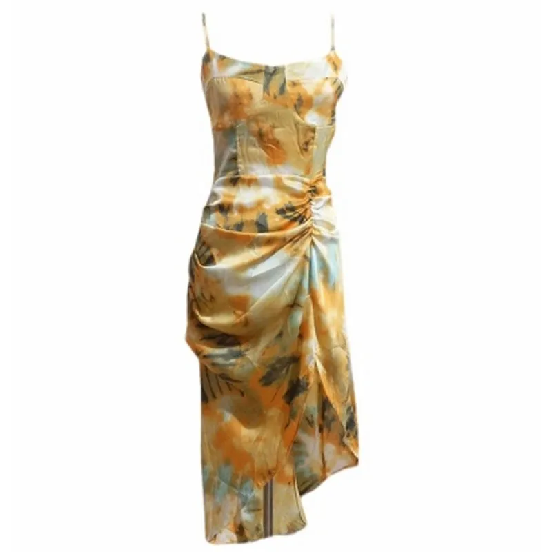 

2021 Summer Western Style Fashion Sexy Low-Cut Slit Sling Dress Irregular Printing Folds Bag Hip Dresses for Women