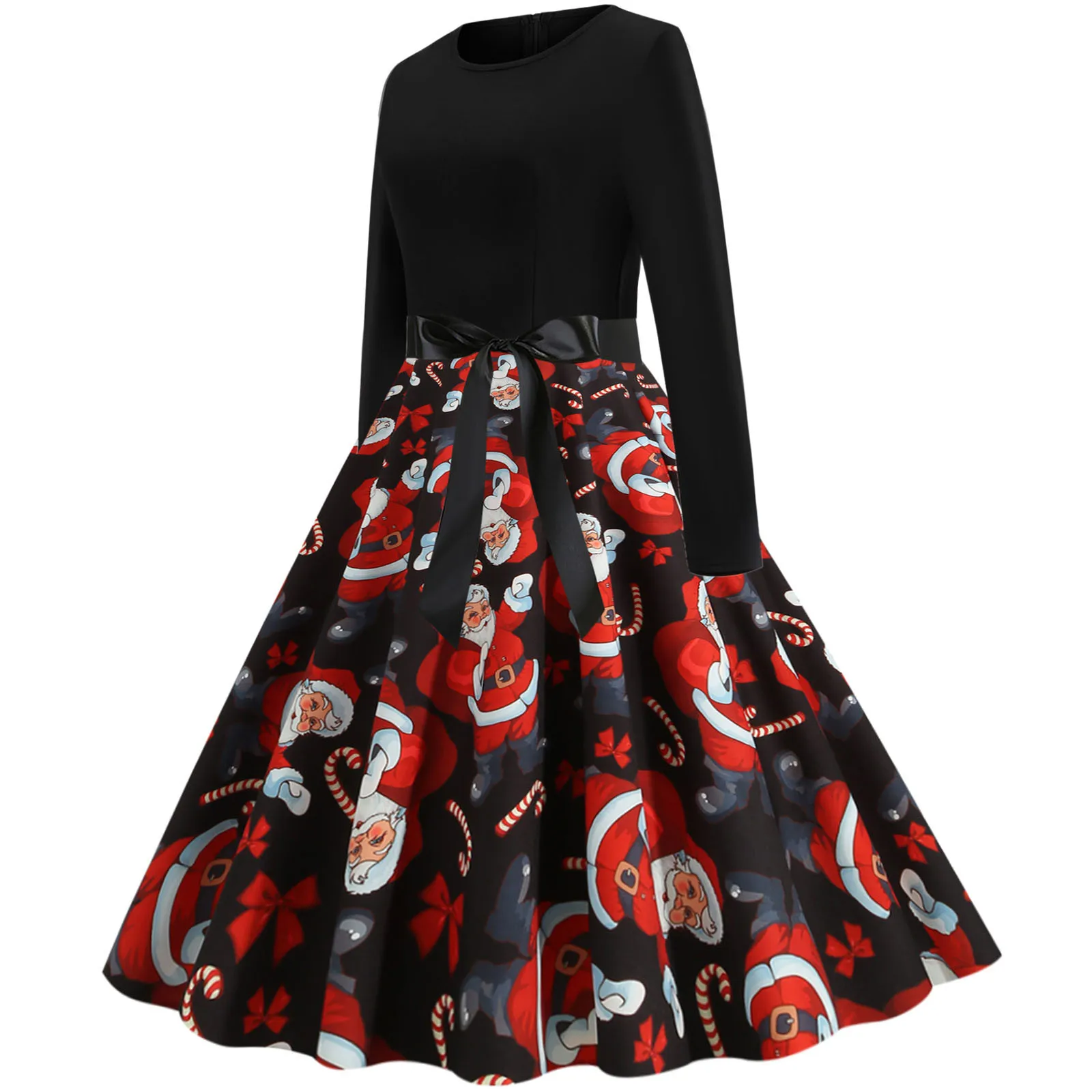 

Women's Dress Vintage Christmas Printed Long-Sleeve Round Neck 1950s Housewife Evening Party Prom Dress