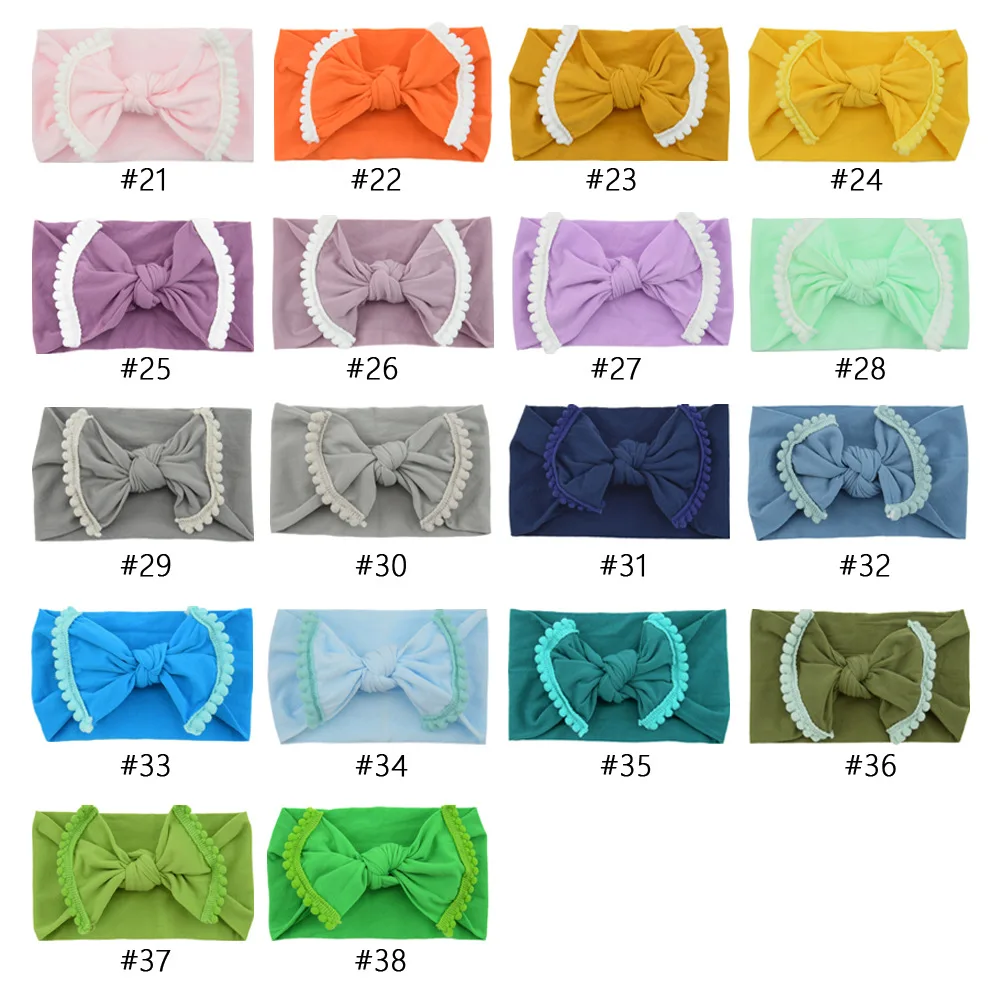 

38pc/lot Solid Nylon Bows Headband Pom Pom Headband For Kids Girls Headwear,Nylon Baby Turban Hairband Children Hair Accessories