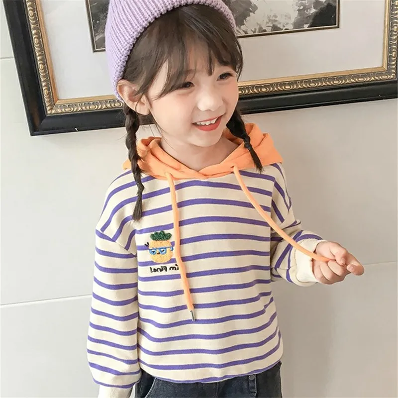 

Girls' Hoodies Sweatshirts Kids Underwear 2021 Stripe Plus Velvet Thicken Warm Winter Autumn Cotton Tops Fleece Children's Cloth