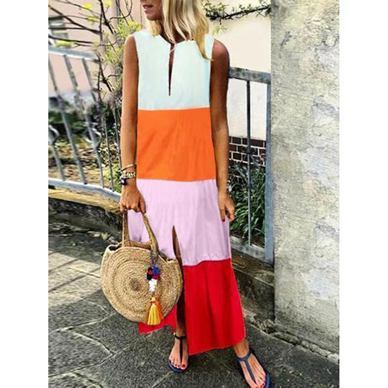 Новое Женское свободное модное платье без рукавов с v-образным вырезом дышащее