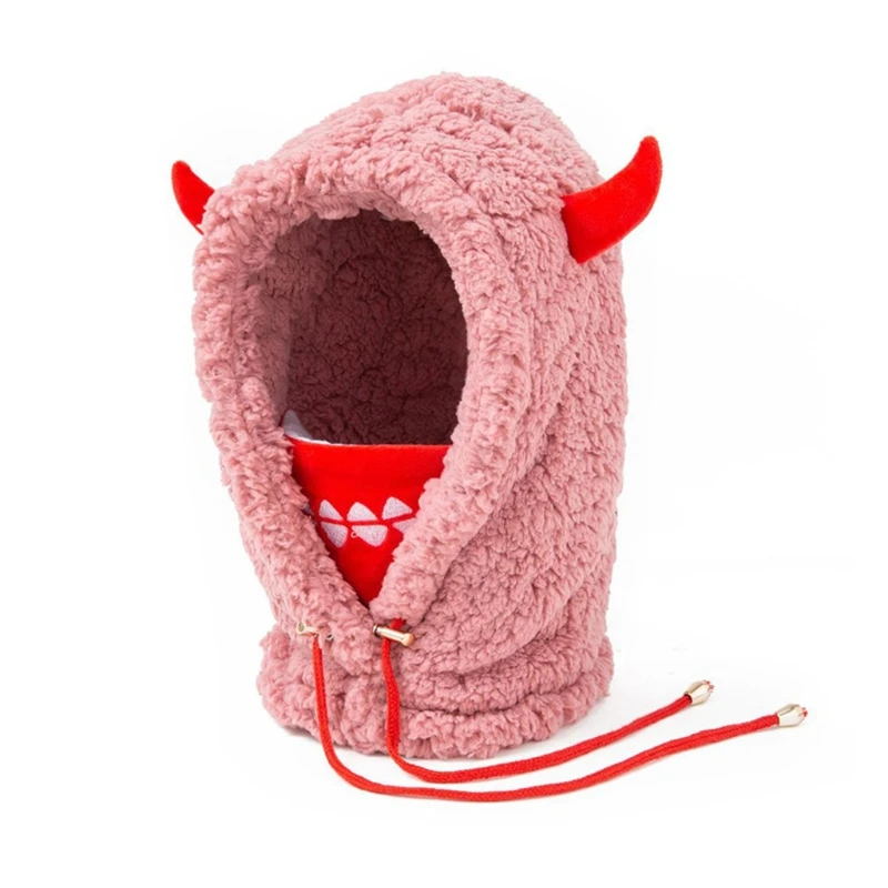 

Parent-Child Winter Balaclava Ski Face Mask Hood Hat Cartoon Ox Horn Thermal Fuzzy Plush 3 In 1 Neck Warmer Earflap Cap