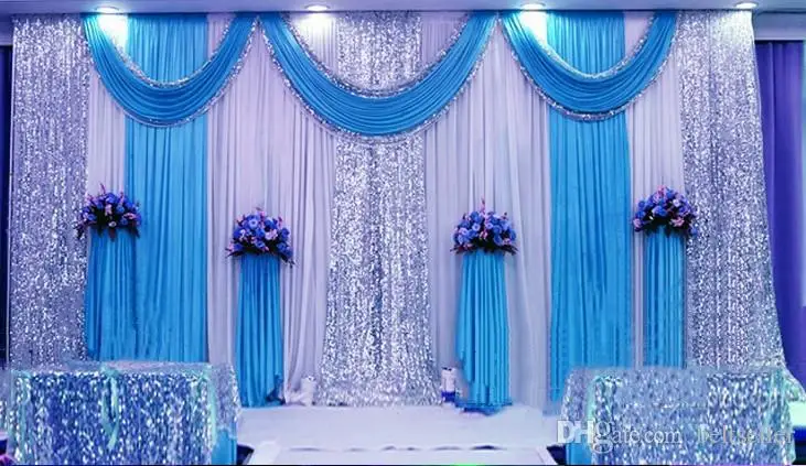 

3M*6M Milk White Wedding Backdrop Curtains lake blue Swag With Silver Sequin Fabric For Wedding Centerpieces Decor Supplies