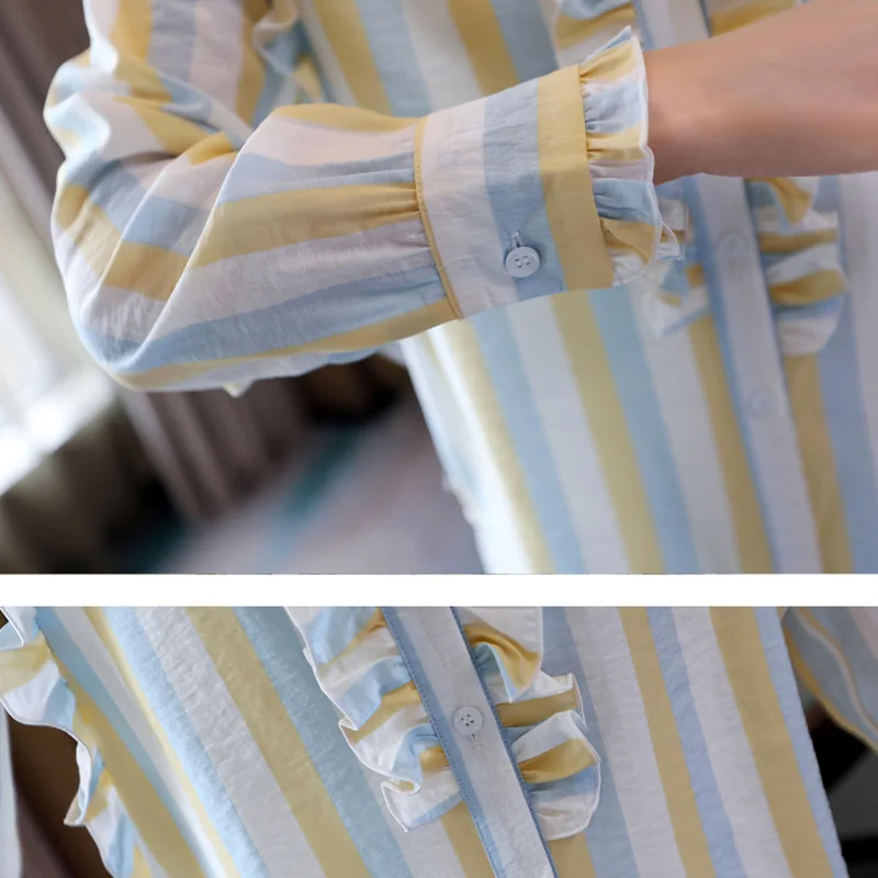 

Women Fashion Colored Striped Single-breasted Ruffles Patchwork Long Sleeved Chiffon Blouses & Shirts