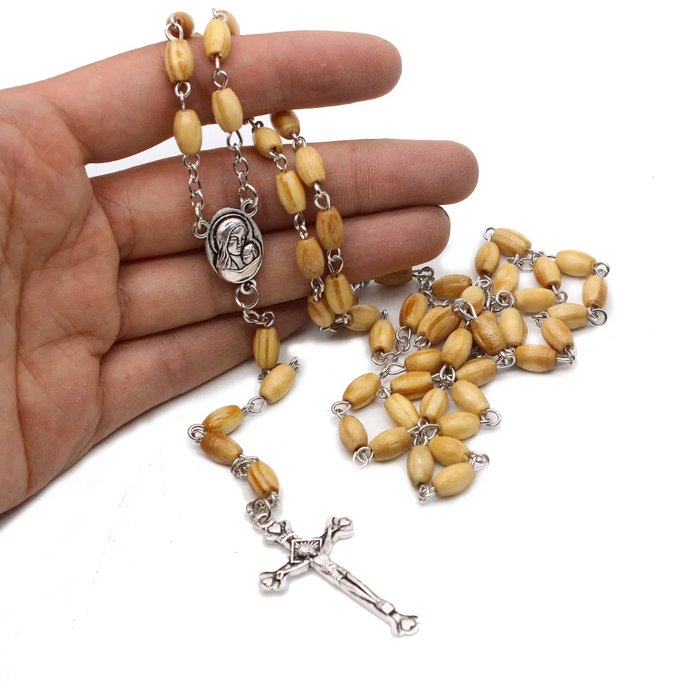 

Wooden rosary cross necklace handmade religious jewelry