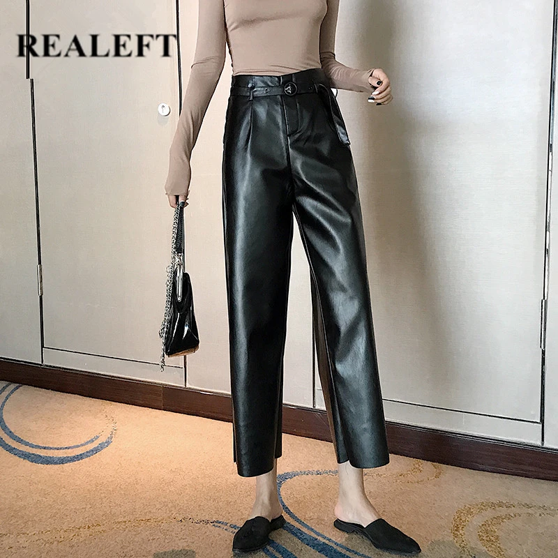 Брюки из искусственной кожи REALEFT свободные брюки с поясом и высокой талией