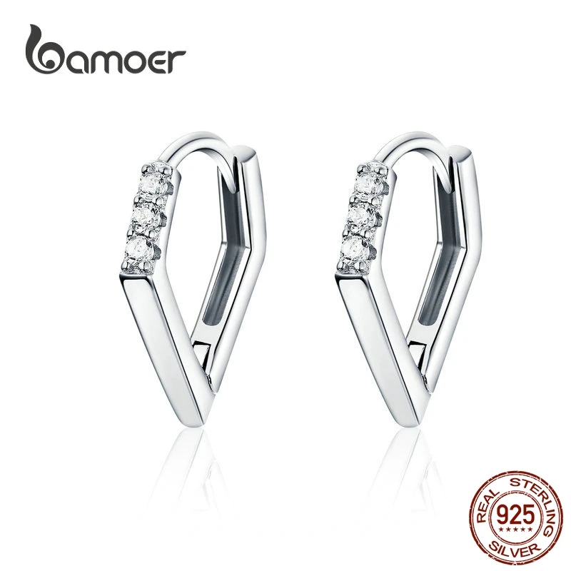 Bamoer, v-образная форма, серьги-кольца, хип-хоп, серебряные серьги для женщин и мужчин, подлинные, 925 пробы, серебряные, в стиле панк, модные ювелирные изделия, BSE162