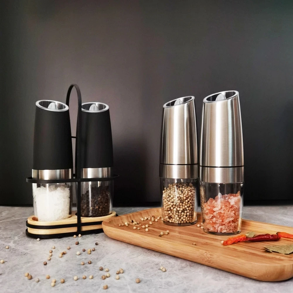 

2pcs Electric Salt And Pepper Grinder Mill With Metal Stand Led Light Grinding Automatic Mills For Kitchen Spice Grinder Tools