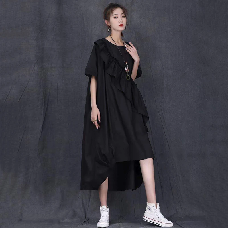 

CHICEVER White Dress For Women O Neck Short Sleeve Knee Length Patchwork Ruffles Irregular Designer Dresses Females Fashion 2021