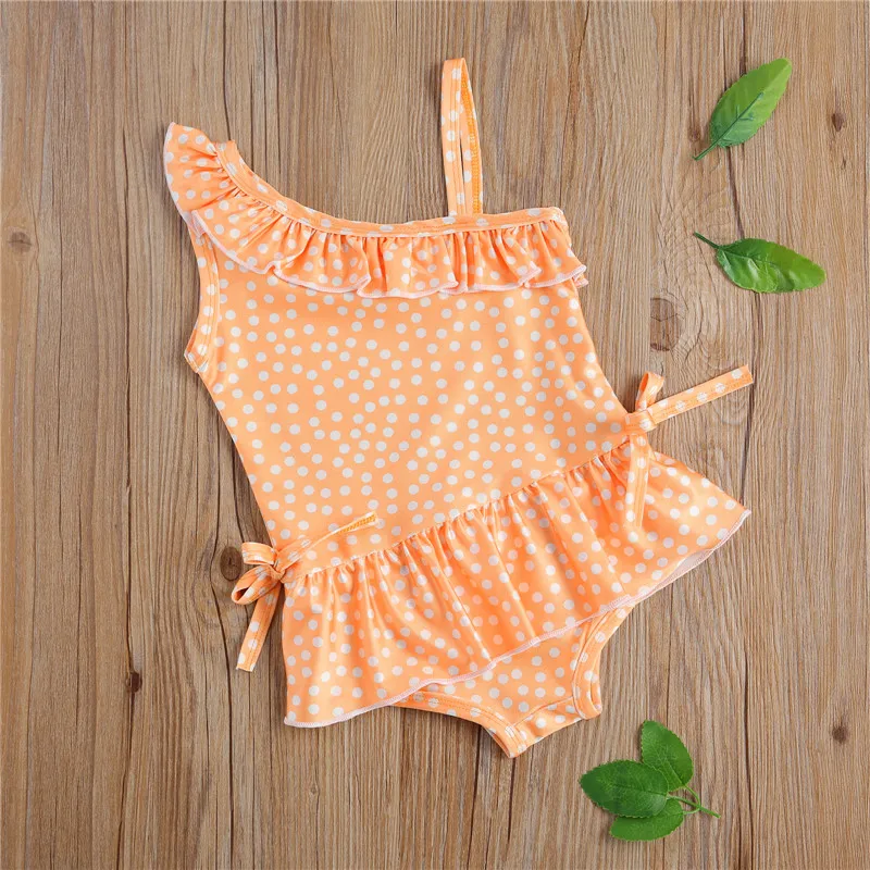 

pudcoco Cute Newborn Baby Girls Swimsuits One-piece Romper Polka Dot Print Sling One-shoulder Ruffles Beachwear Swimwear Tankini