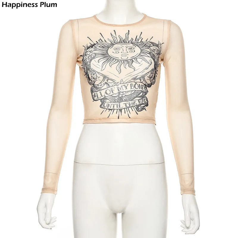 

Gothic Sun Print Khaki T Shirt Women Harajuku Bodycon Long Sleeve Crop Tops Streetwear Punk O Neck Autumn Fashion Tops