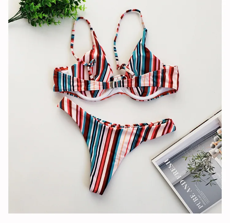 

Sexy Striped Brazilian Push Up Bikini Set 2021 Underwire Swimsuit Women Thong Swimwear Beach Wear Swim Bathing Suit