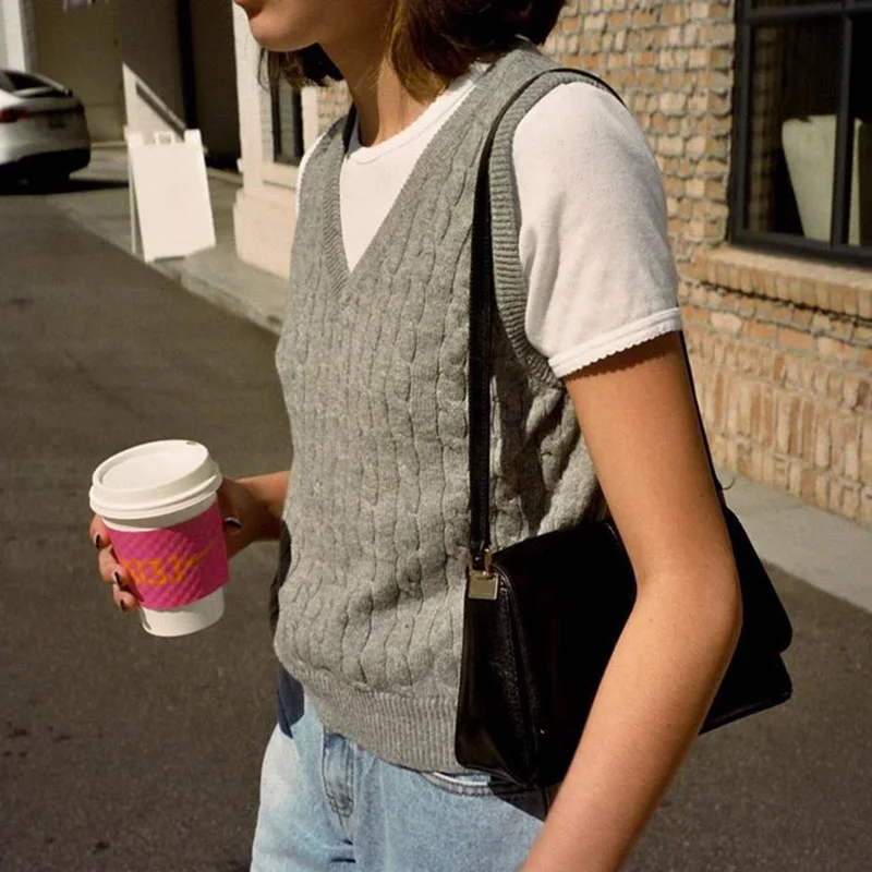 

Ladies Winter College Style V Neck Comfortable Basic Solid Color Woolen Vest Fashionable Outer Wear Sleeveless Pullover Casual