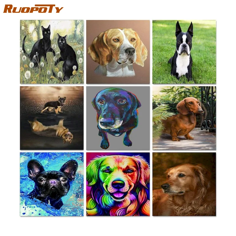 

RUOPOTY 5D Diamond Painting Dog Cross Stitch Diamond Embroidery Animals Bead Embroidery Picture Rhinestones Wall Decor