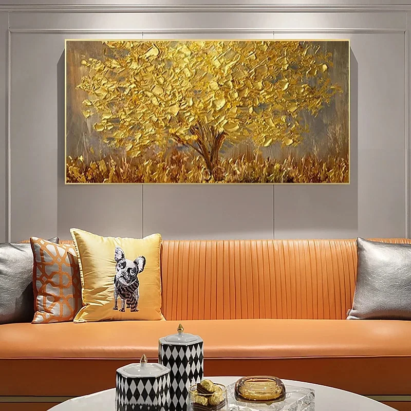 

Large 3D Knife Gold Tree Painting on Canvas Wall Art Modern Landscape Picture Oil Prints and Poster for Living Room Home Decor