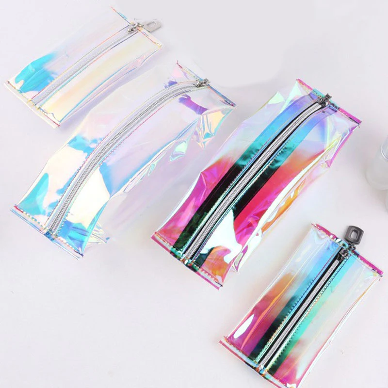 

Women Colorful Pouch Pencil Bag Waterproof Laser Transparent Makeup Bags Girls Travel Folding Cosmetic Bag Zipper Storage Pouch