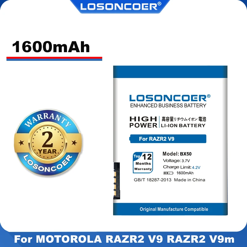 100% Оригинальный LOSONCOER 1600 мА/ч BX50 батарея для MOTOROLA RAZR2 V9 Q9m Q9h V9m Q9 Мобильный телефон