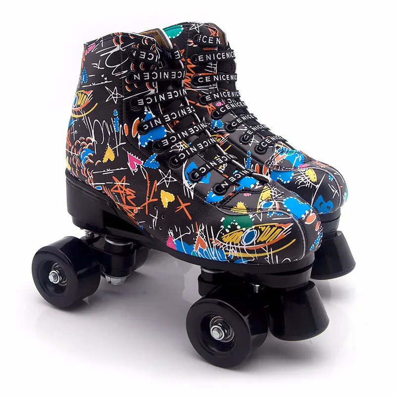 2020 New Style Lace-Up Artificial Leather Adult Double Row Roller Skates With Durable PU Wheel Brake Woman Man Roller Shoes