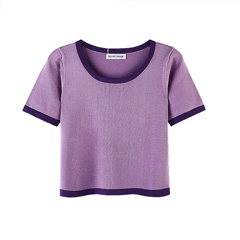 HELIAR Женская трикотажная однотонная короткая футболка с круглым вырезом летняя