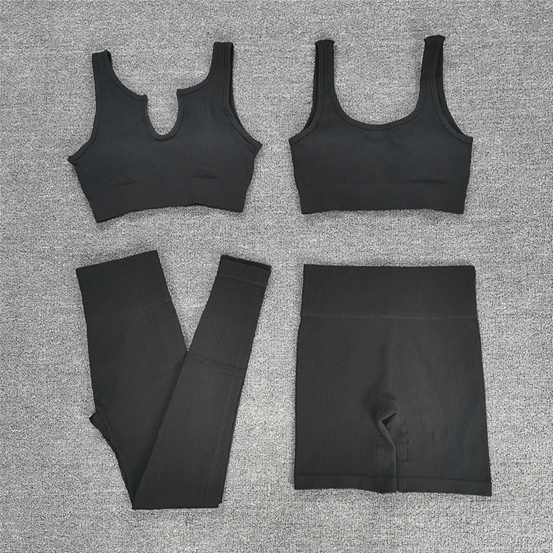 

4PCS Seamless Yoga Set Women Tracksuit 4 Piece Crop Top Bra High Waist Leggings Sportsuit Workout Outfit Sport Gym Wear Clothes