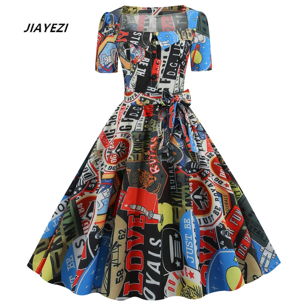 

JIAYEZI Lady Vintage A Line Summer Dress Short Sleeve Square Collar Knee Long Skirt Office Print Fashionable Lady Midi Dress