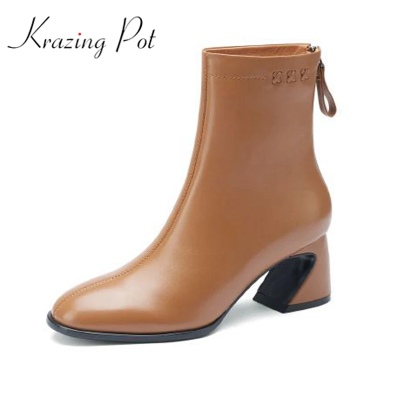 

Krazing Pot sheep leather round toe strange style high heels winter wedding Chelsea short boots gorgeous plus size ankle boots