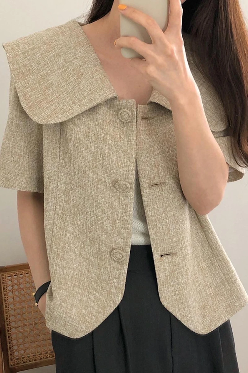 

Women Jackets 2021 Summer Korean Retro Doll Collar Three Buttons Loose All-match Casual Solid Color Cardigan Short Coat