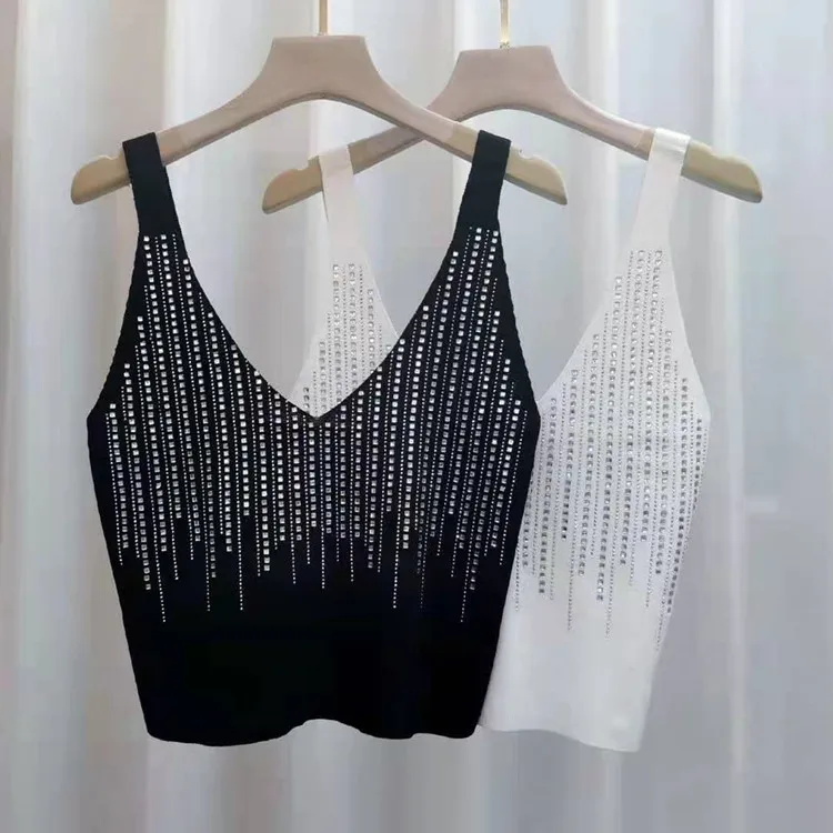 

New Black White Knitting Shirt Summer Sexy Sleeveless Hot Drilling Camisole Womens Spaghetti Strap Short Vest Backless Crop Top