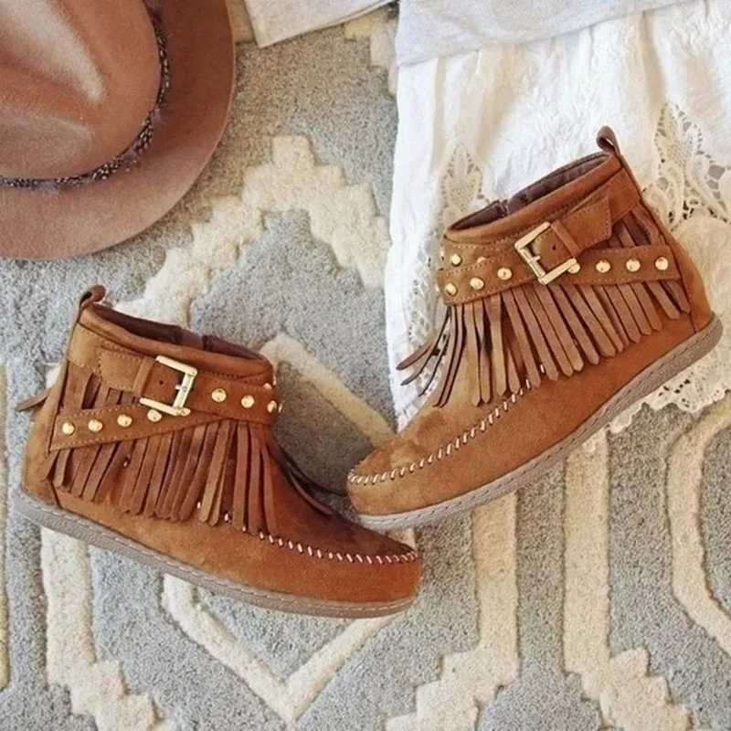 

Plus Size 35-43 Spring Autumn Fashion Cross Rivet Belt Buckle Tassel Women Ankle Boots Soft Comfortable Suede Flat Ladies Shoes