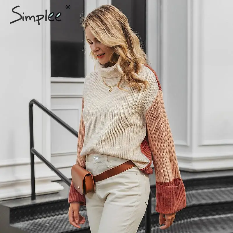 Simplee Turtleneck women knitted pullover sweater Long sleeve female jumper Autumn winter streetwear oversize ladies overalls | Женская