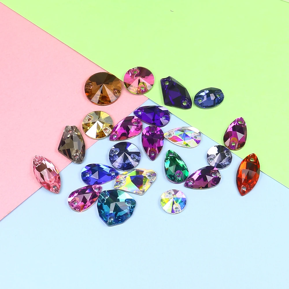 Разноцветные круглые стразы смешанной формы для шитья с плоским основанием
