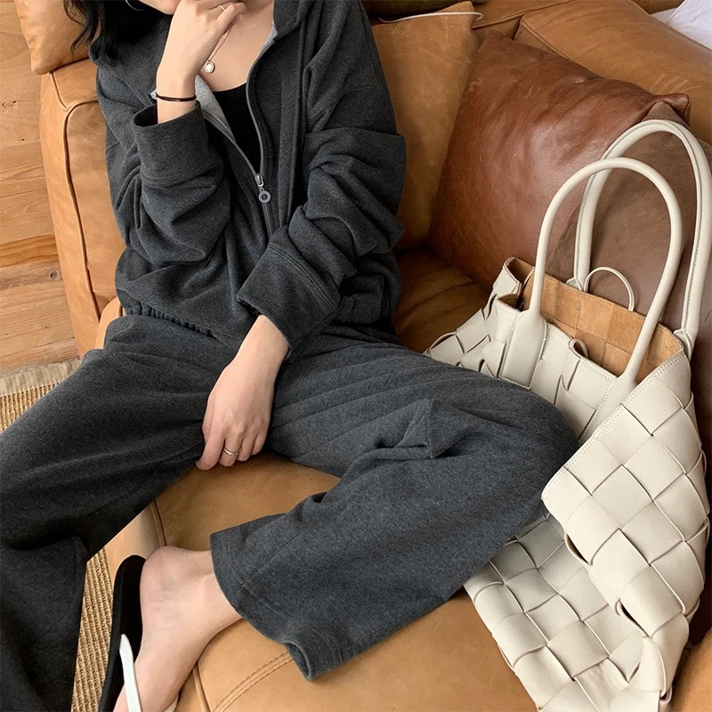 

LMQ NEW Two Piece Zipper Cardigan Sportswear Hoodies Sweatshirt + Pants Sportswear Suit High Waist Wide Leg Workout Casual