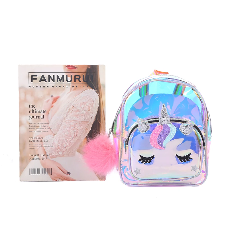 

Bling Jelly PVC Rainbow Unicorn Backpack cute small cartoon bag Simple Waterproof children bags for Teenager's with Pom Pom