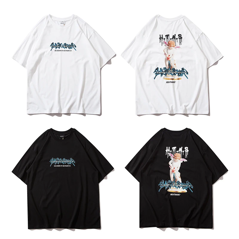 

New Summer High Street T Shirts Men Angel Letter Printing Loose Short Sleeves T-shirt Couple Oversize Pure Cotton Men's T-shirts