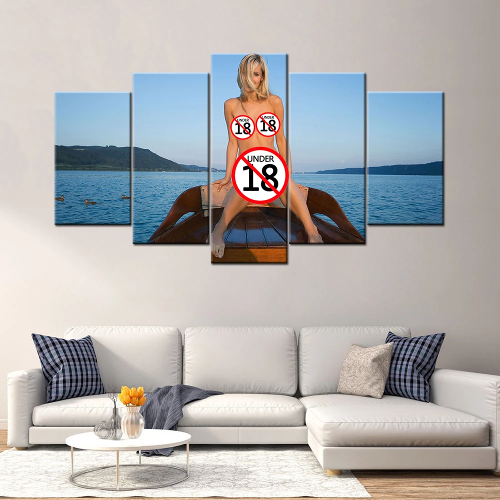

5 Piece Canvas Paintings Blonde Girl on the Boat Modern Poster Wall Art Picture For Living Room Decor Ready to Hang