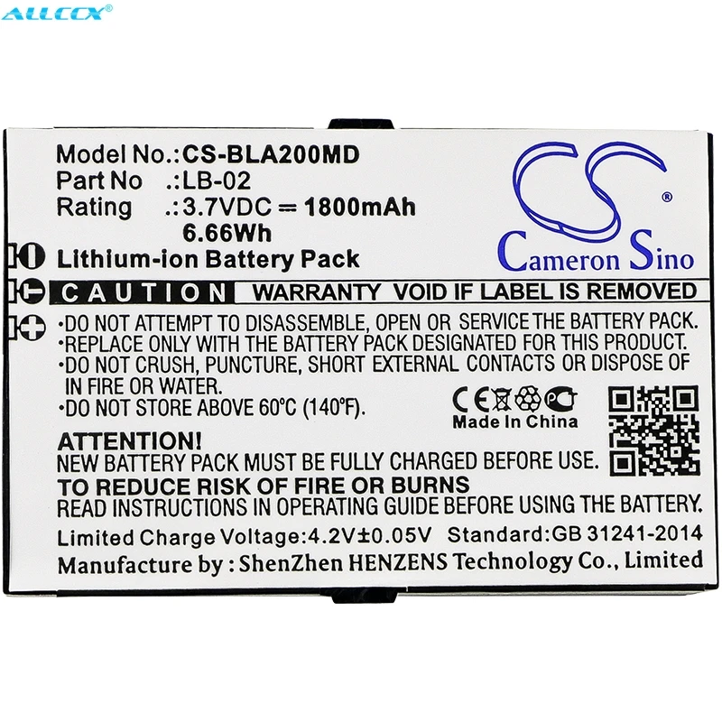 Lb-02 para Bolate Cameron Sino Bateria 12-100-0001 a2 a3 a4 q5 1800 Mah