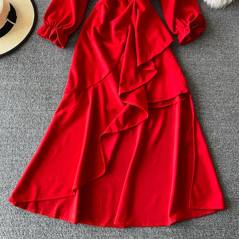 

Vintage Black/Red Irregular Ruffle Long Dress Women Elegant V-Neck Flare Sleeve High Waist Vestidos Female 2021 Spring Autumn