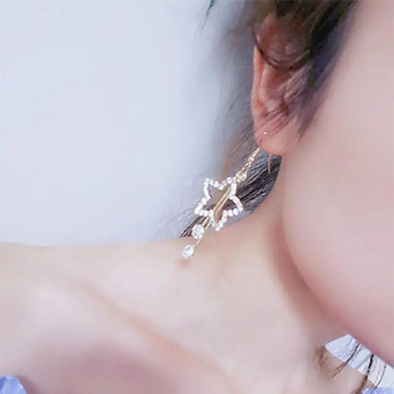 Женские серьги подвески с полой звездой длинные кисточками изысканные стразы