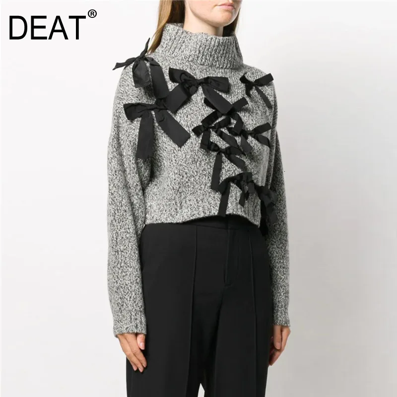 DEAT new autumn and winter fashion women clothes turtleneck lantern sleeves bow embroidery pullover short knits top WJ88202