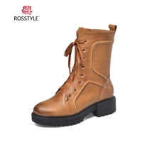 rosstyle handmade woman basic ankle boots high quality genuine leather round toe square heel shoes solid lade up zipper boots