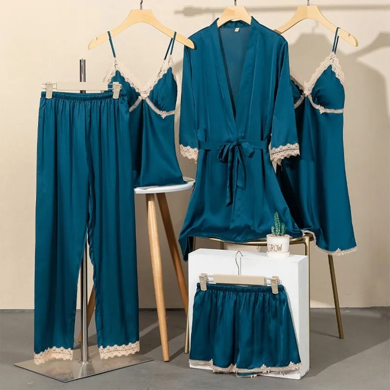 

5PCS Women Pajamas Set Spring Summer Kimono Bathrobe Gown Sexy Patchwork Lace Trim Sleepwear Nightgown Faux Silk Home Clothes