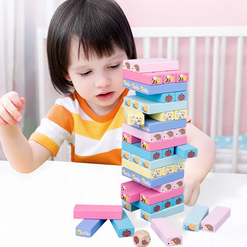 

51PCS Children's Wooden Colorful Animal Stacked High Building Blocks 51 Digital Parent-child Interactive Educational Toy Gift