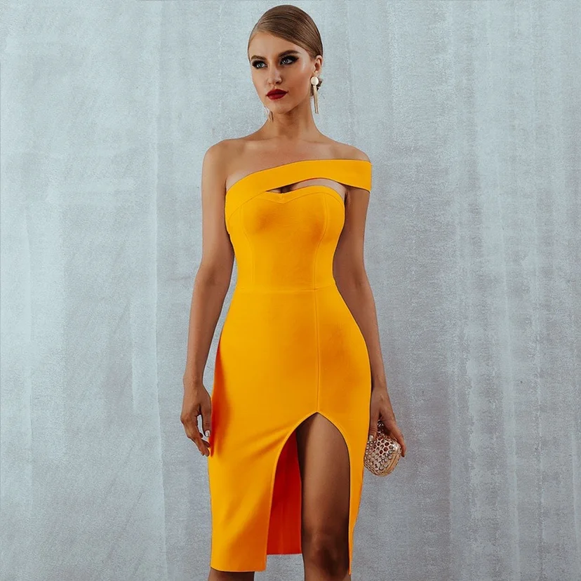 

Bandage Dress Women One Shoulder Midi Celebrity Party Dress short prom dress