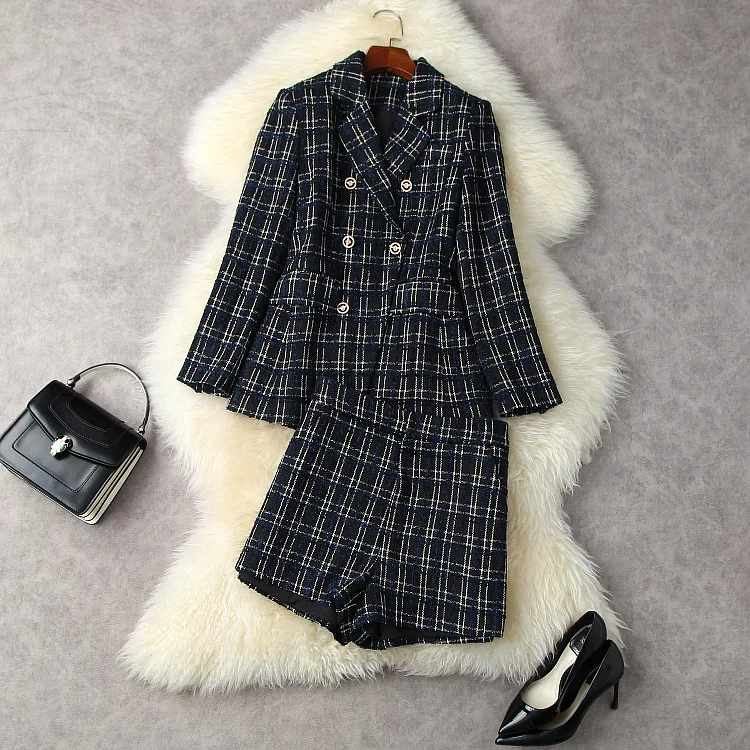

European and American women's clothing winter 2022 new Long-sleeved double-breasted plaid coat shorts fashion Tweed suit