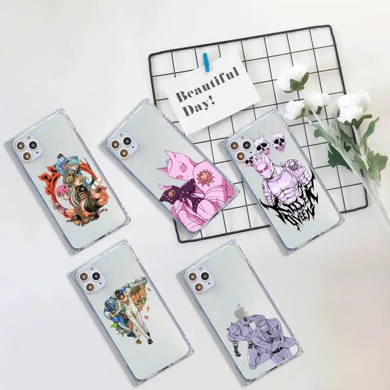 

anime cortoon JOJO’S BIZARRE Phone Case For iPhone 7 8 11 12 X XS XR MINI Pro Max Plus Clear Square Transparent