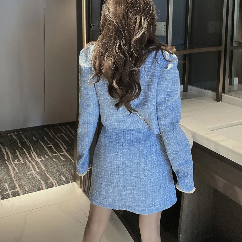 

Autumn Winter clothes Vintage Elegant Tweed 2 Piece Set Women Jacket Coat Mini Skirt Suit Two Piece Outfits crop top conjuntos