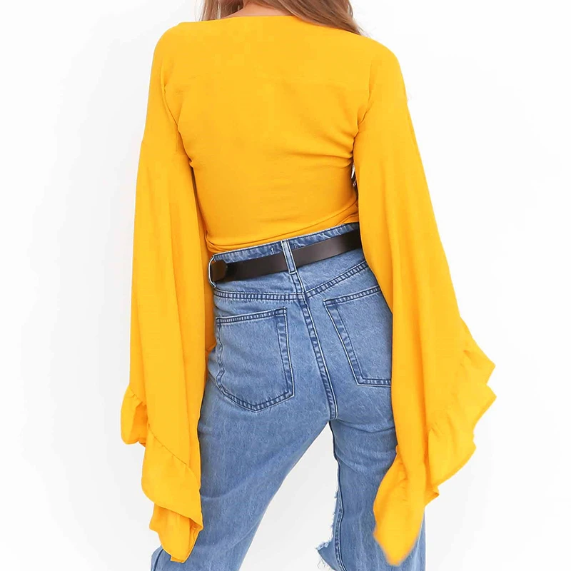 Женская блузка топы летние повседневные свободные рукав-лепесток Твердые